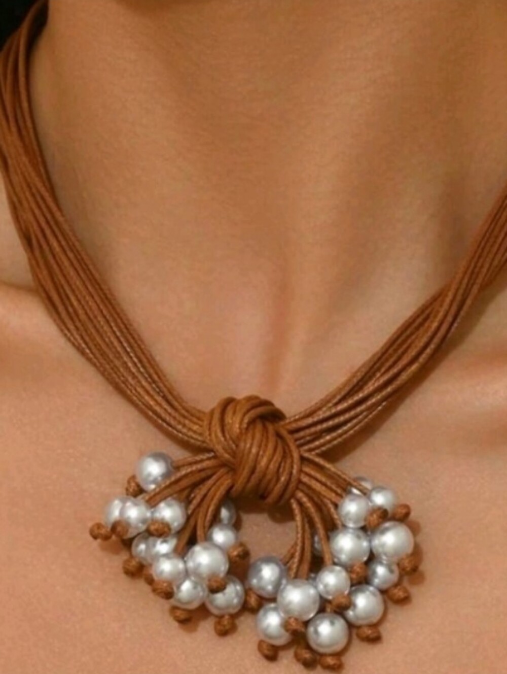NEW! Boho Brown Multi-Cords And White Pearl Cluster Gold Accent Necklace